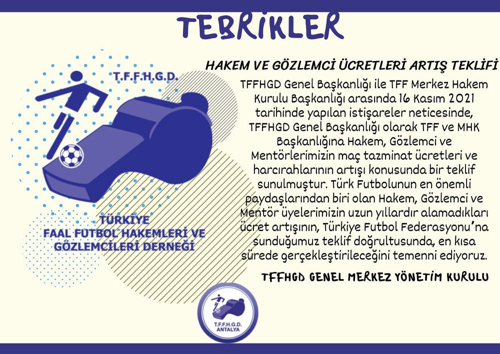 HAKEM VE GÖZLEMCİ ÜCRETLERİ ARTIŞ TEKLİFİ